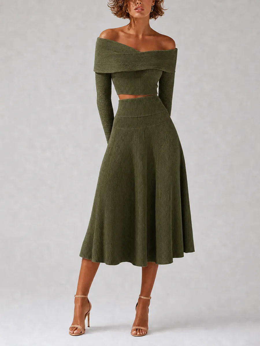 Women's Elegant Green Ribbed-Knit Off-Shoulder Crossover-Neck Long-Sleeve Cropped Top & High-Waisted A-Line Midi Skirt Set MDZ2462G3CMX