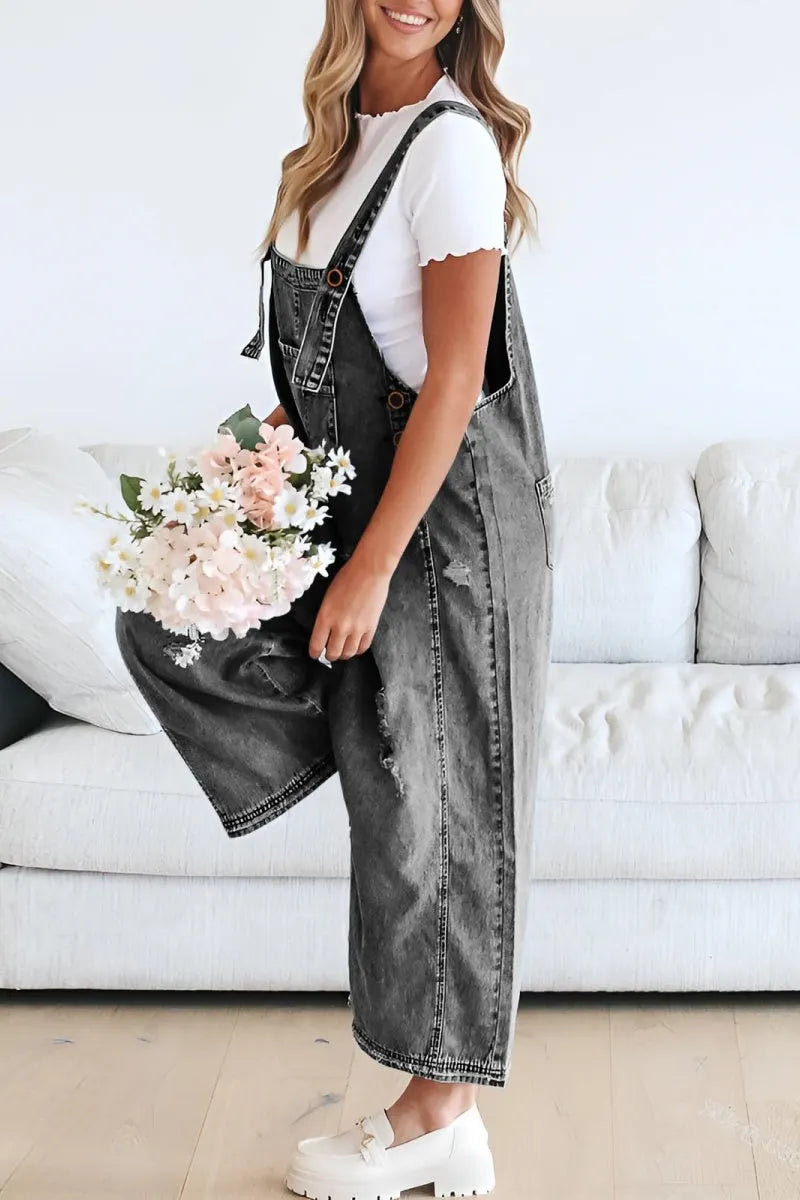 Women's Casual Adjustable Straps Denim Bib Overalls Distressed Ripped Wide Leg Jeans Long Pants Jumpsuits