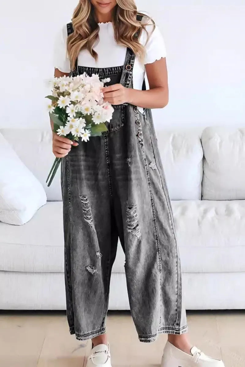 Women's Casual Adjustable Straps Denim Bib Overalls Distressed Ripped Wide Leg Jeans Long Pants Jumpsuits