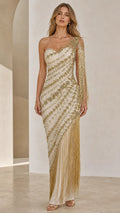 One-Shoulder Beaded Fringe Evening Gown