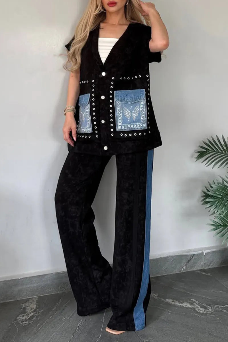 Women V-neck Printed Patchwork Denim Cardigan+ Pants Casual Set