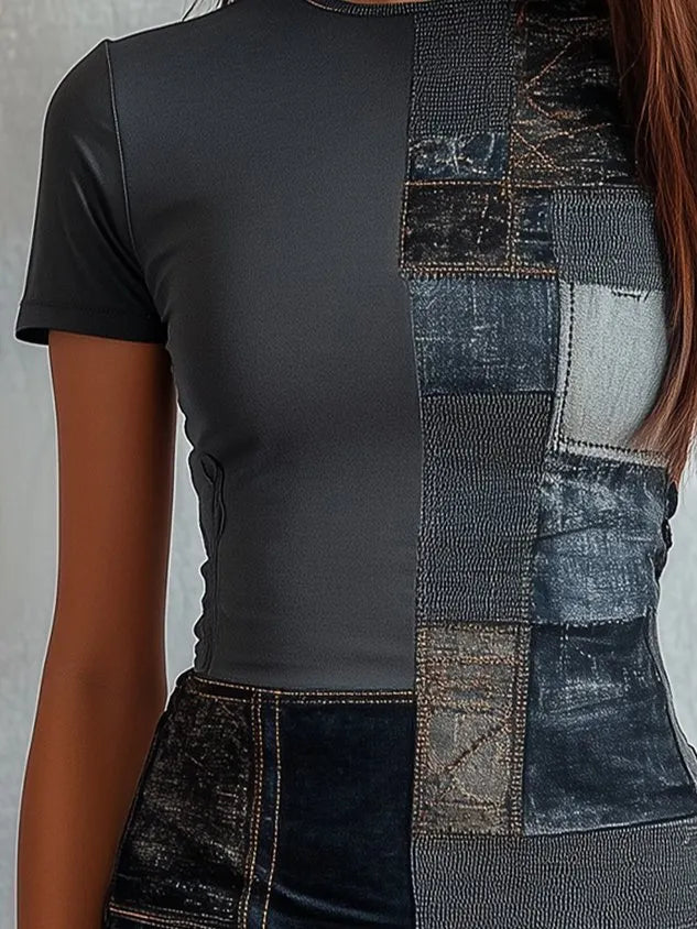 Casual Faux Denim Print Graphic  Crew Neck  T-shirt