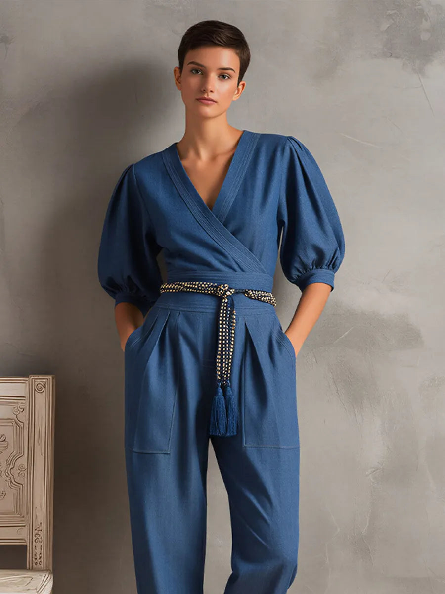 Women's Dark Blue Denim-Look Jumpsuit With Surplice Neck & Cuffed Ankles, Modern Effortless-Elegant Day Outfit MDZ2132D6LYL