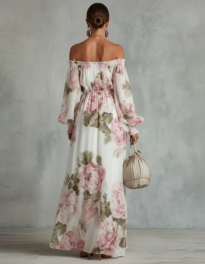 White Chiffon With Pink Rose Print Off Shoulder Design Maxi Dress