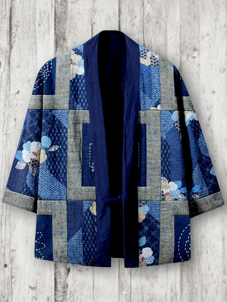 Vintage Japanese Sashiko Patchwork Linen Blend Kimono Cardigan
