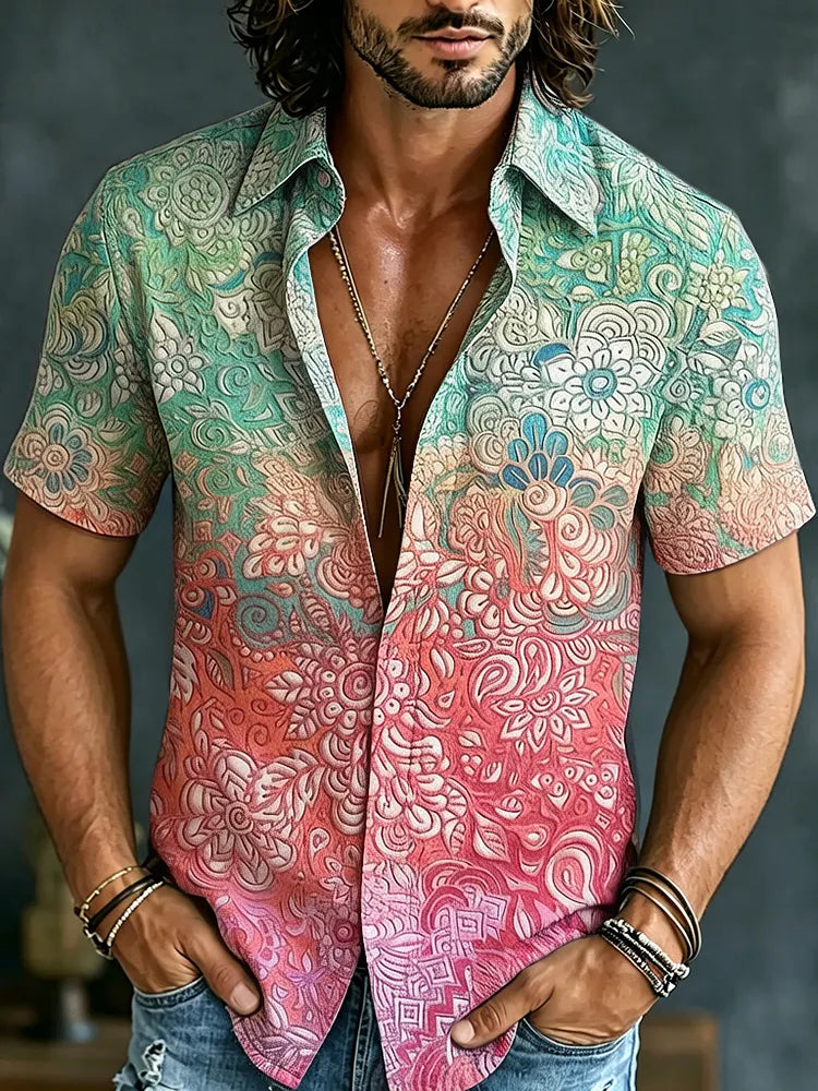 Men's Retro Hippie Floral Gradient Pattern Art Short-sleeve Cotton Linen Shirt