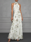 White Ruched Floral Chiffon Halter Neck Sleeveless A-Line Floor-length Gown Dress
