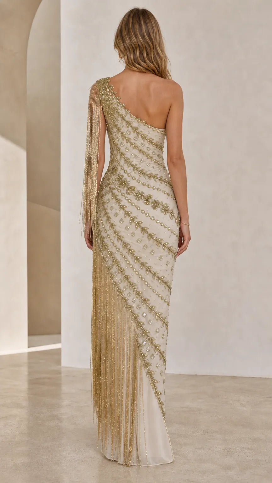 One-Shoulder Beaded Fringe Evening Gown
