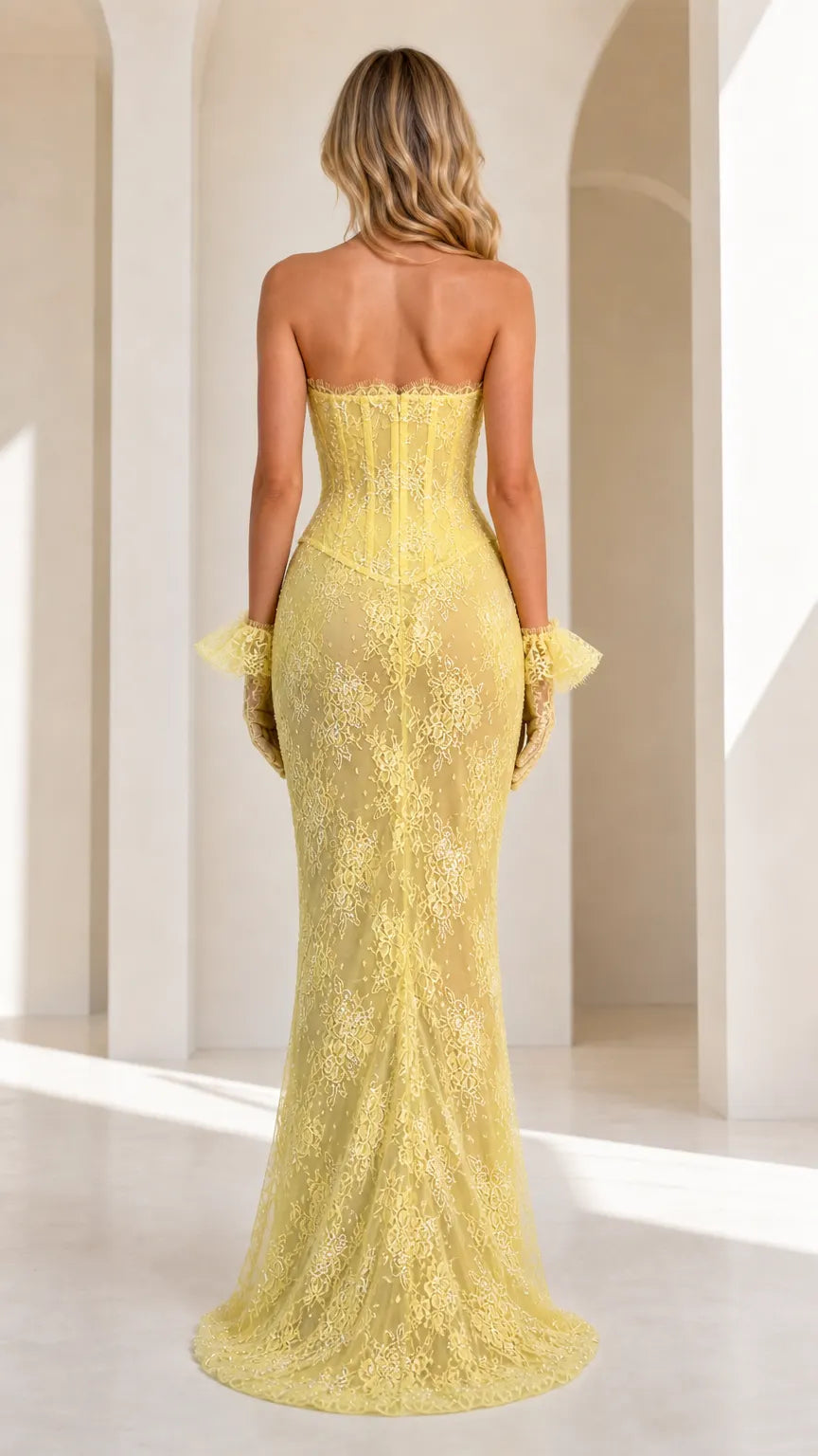 Strapless Floral Lace Corset Mermaid Evening Gown with Gloves