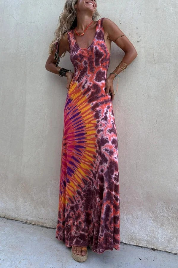 Boho Happiness Tie-dye Print Back Lace-up Stretch Maxi Dress  (With built-in bra)