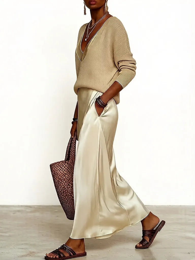 Effortlessly create an ivory knit satin midi skirt suit