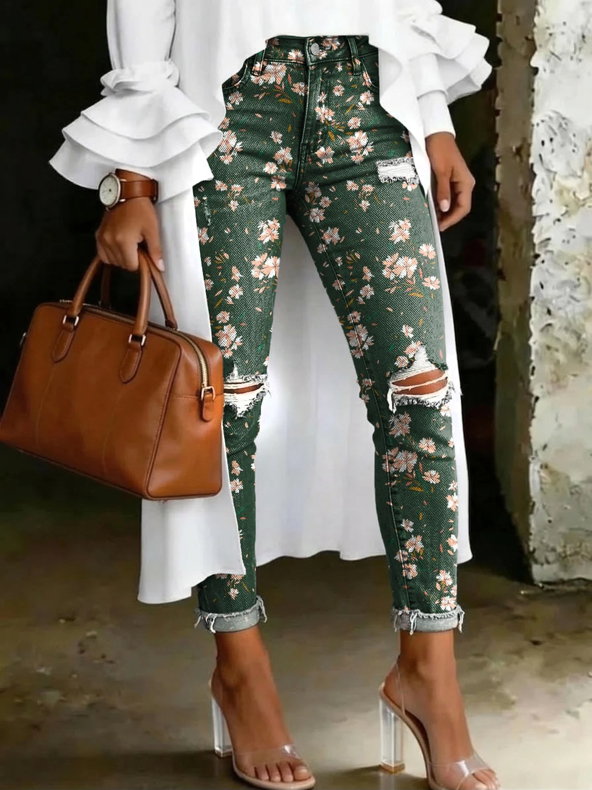 Women's Fashion Cute Floral Artistic Print Casual High-waisted Ripped Skinny Jeans