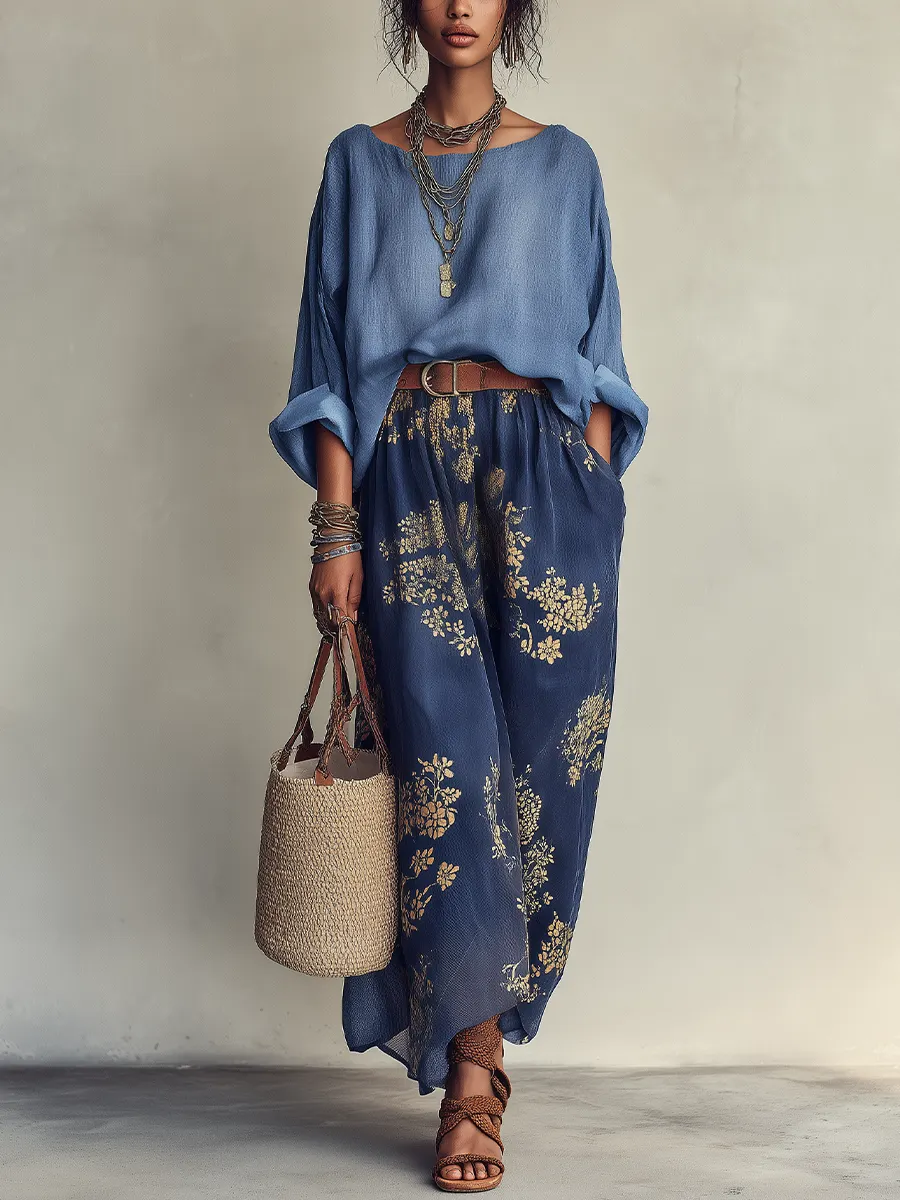 Blue Oversized Top & Floral Print Maxi Skirt Two-Piece Set
