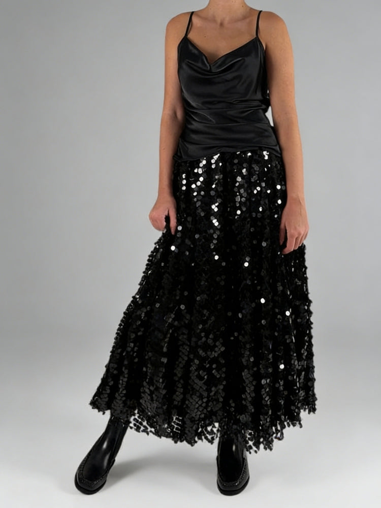 Black Sequin Tulle Midi Skirt