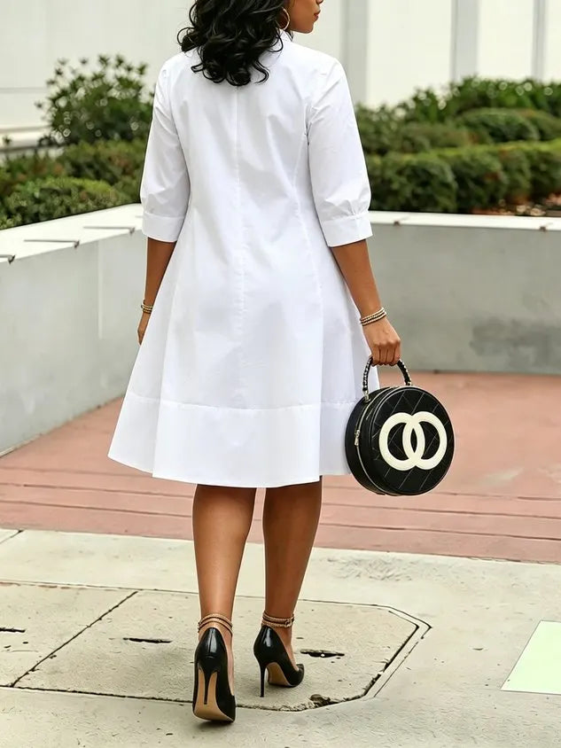 Cotton Casual Plain Stand Collar Midi Dress