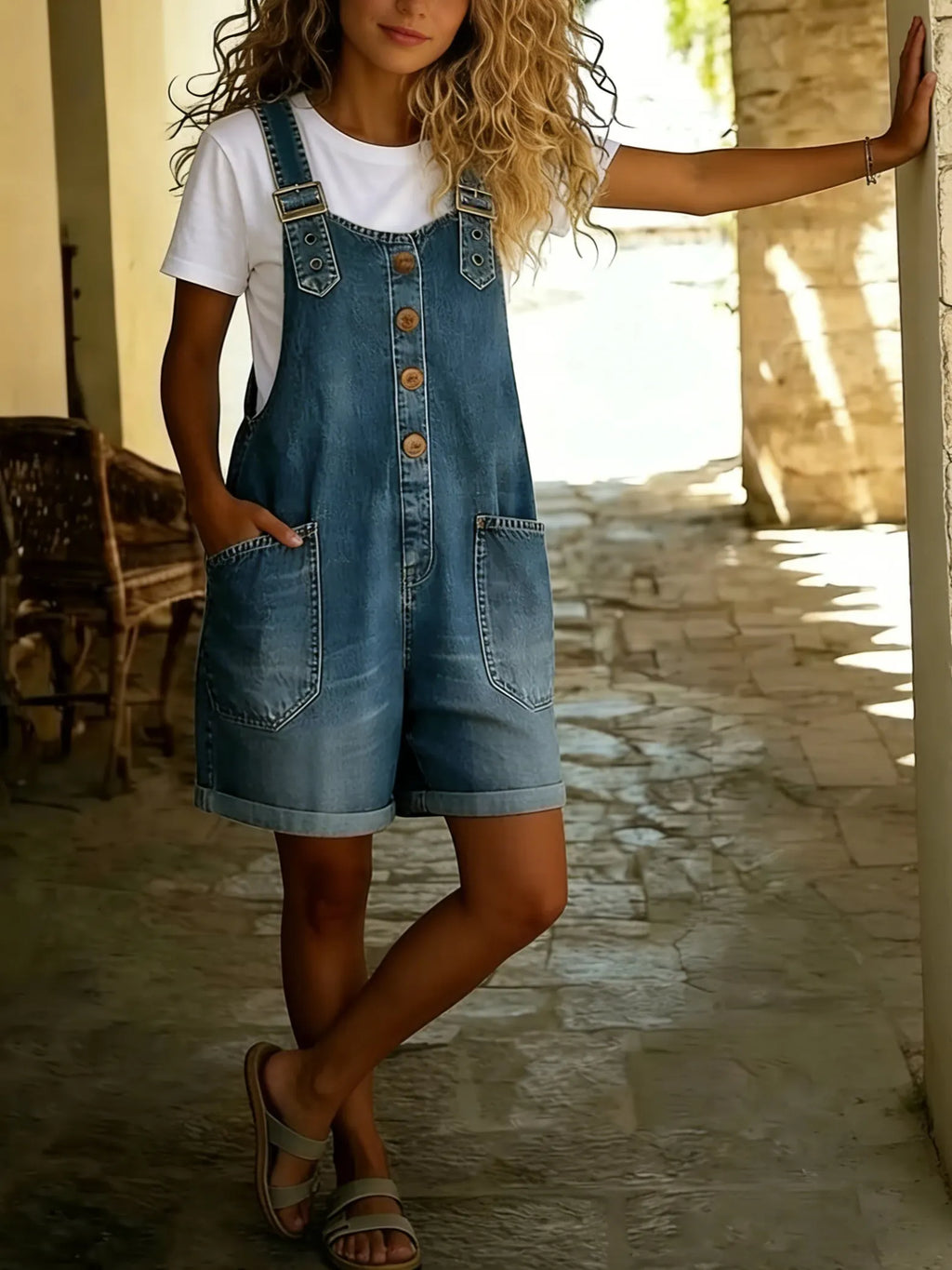 Women's Y2K Denim Shortalls Button Front Wide Leg Loose Bib Jean Overalls Shorts Romper Jumpsuits Vintage