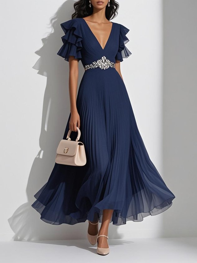 Purplish blue Pleated Rhinestone Chiffon V Neck Short Sleeve Ruffle Sleeve A-Line Maxi Mother of the Bride or Groom Dress