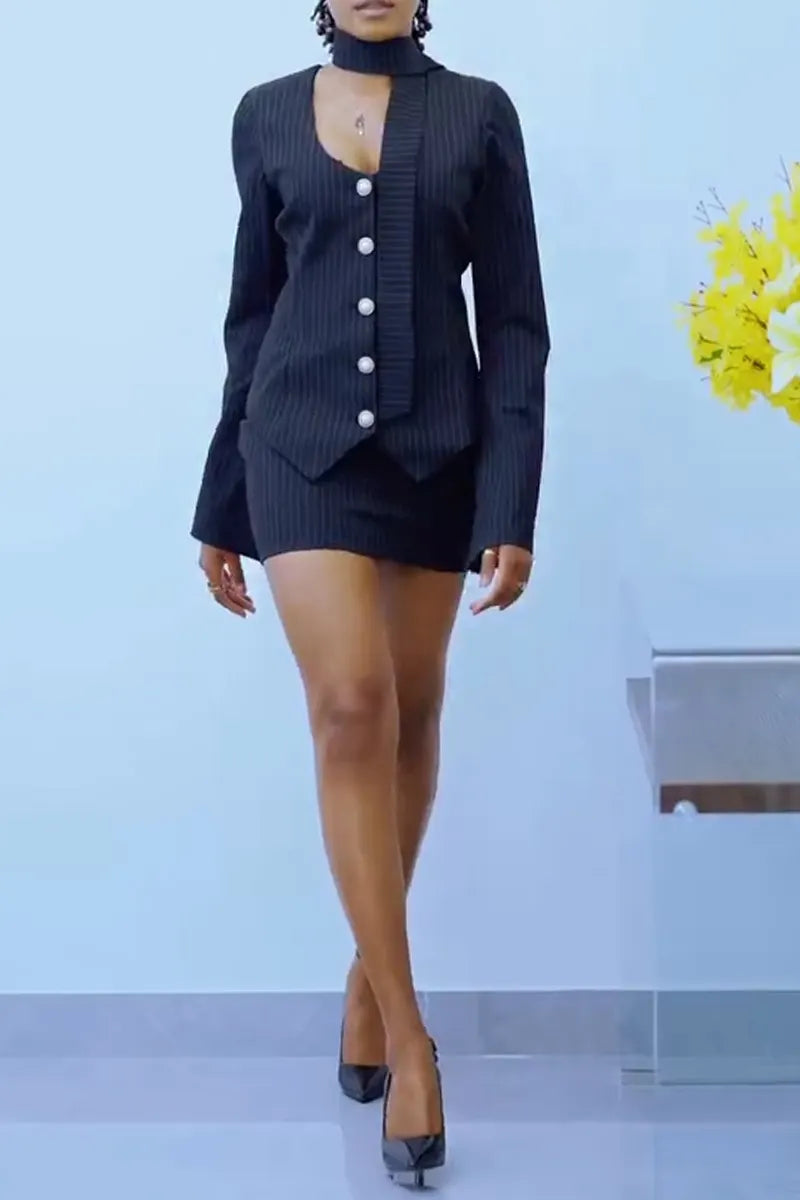 Women V-neck Breasted Vertical Stripe Jacket+ Half Skirt Temperament Commuting Formal Suit