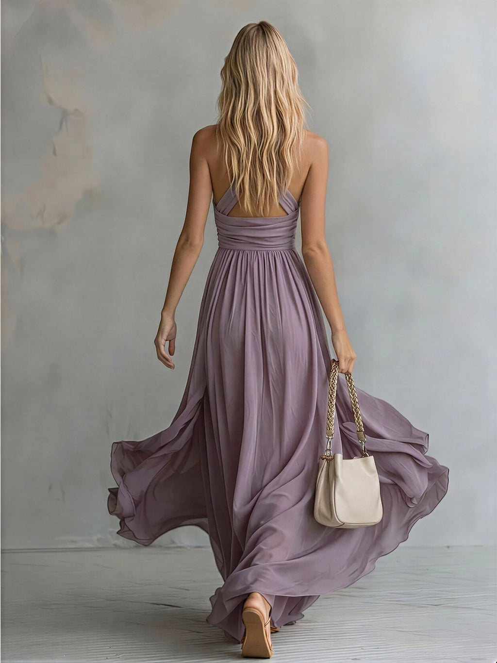 Elegant And Stylish Halter Neck V-neck Sleeveless Chiffon Maxi Dress