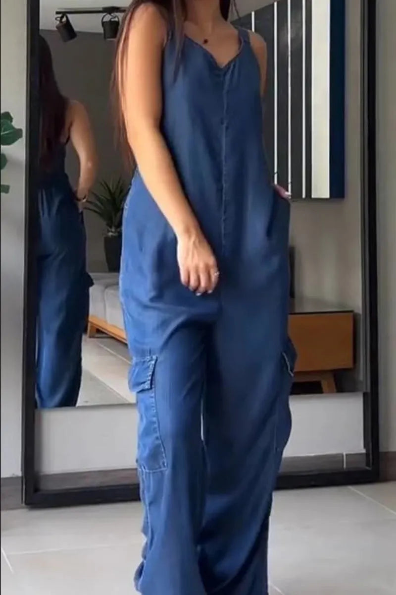 Womens Denim Overalls Jumpsuits Casual V-Neck Adjustable Straps Wide Leg Cargo Pants Twill Chino Bib Overalls