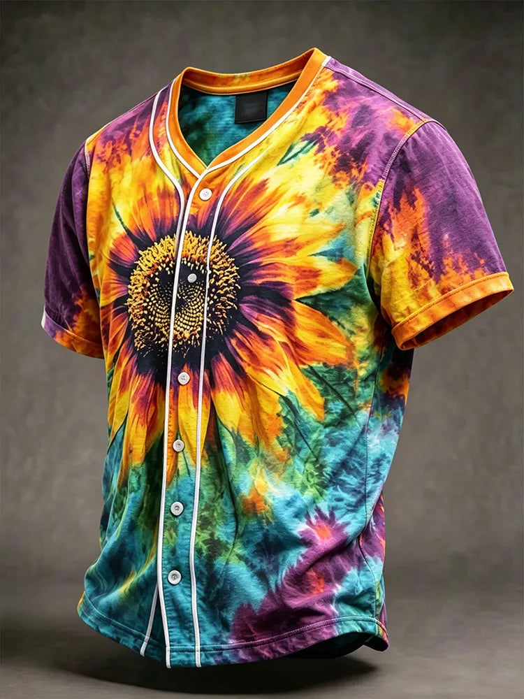 Men's Retro Sunflower Tie-dye Short-sleeve Cotton Linen Shirt