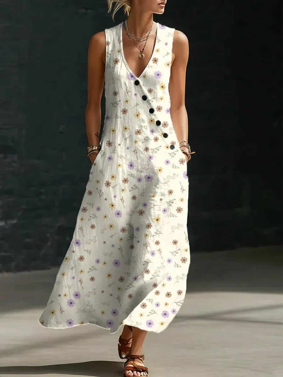 Women's Floral Pattern Art Print Casual Cotton Linen Dress