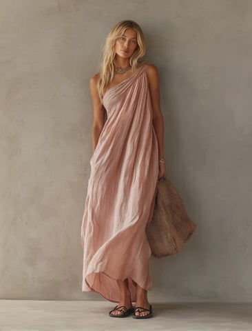 Women's Elegant Pink Cotton-Linen One-Shoulder Sleeveless Maxi Dress MDZ0829E1LXY