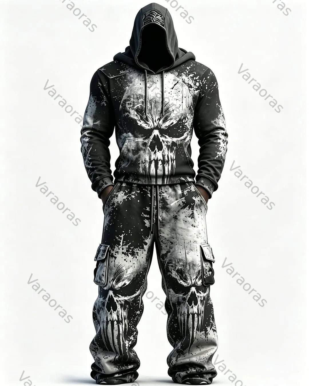 Men's Fashion Viking Contrast Color Skull Embroidered Hoodie & Pants Two-Piece Set 6673