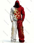 Men's Color-Blocked Cultural Cross Embroidered Distressed Hoodie and Pants Two-Piece Set 4364