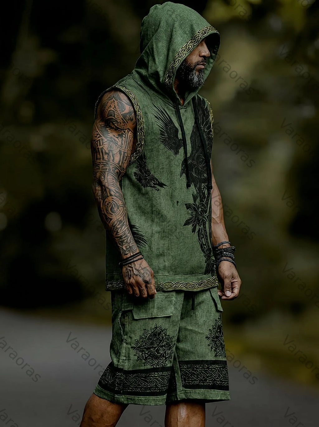 Men's Viking Color-Block Embroidered Linen Sleeveless Hooded Top and Pants Two-Piece Set 9385