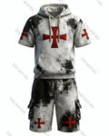 Men's Viking Contrast Color Cross Embroidered Short-Sleeve Hoodie & Shorts Two-Piece Set 7152