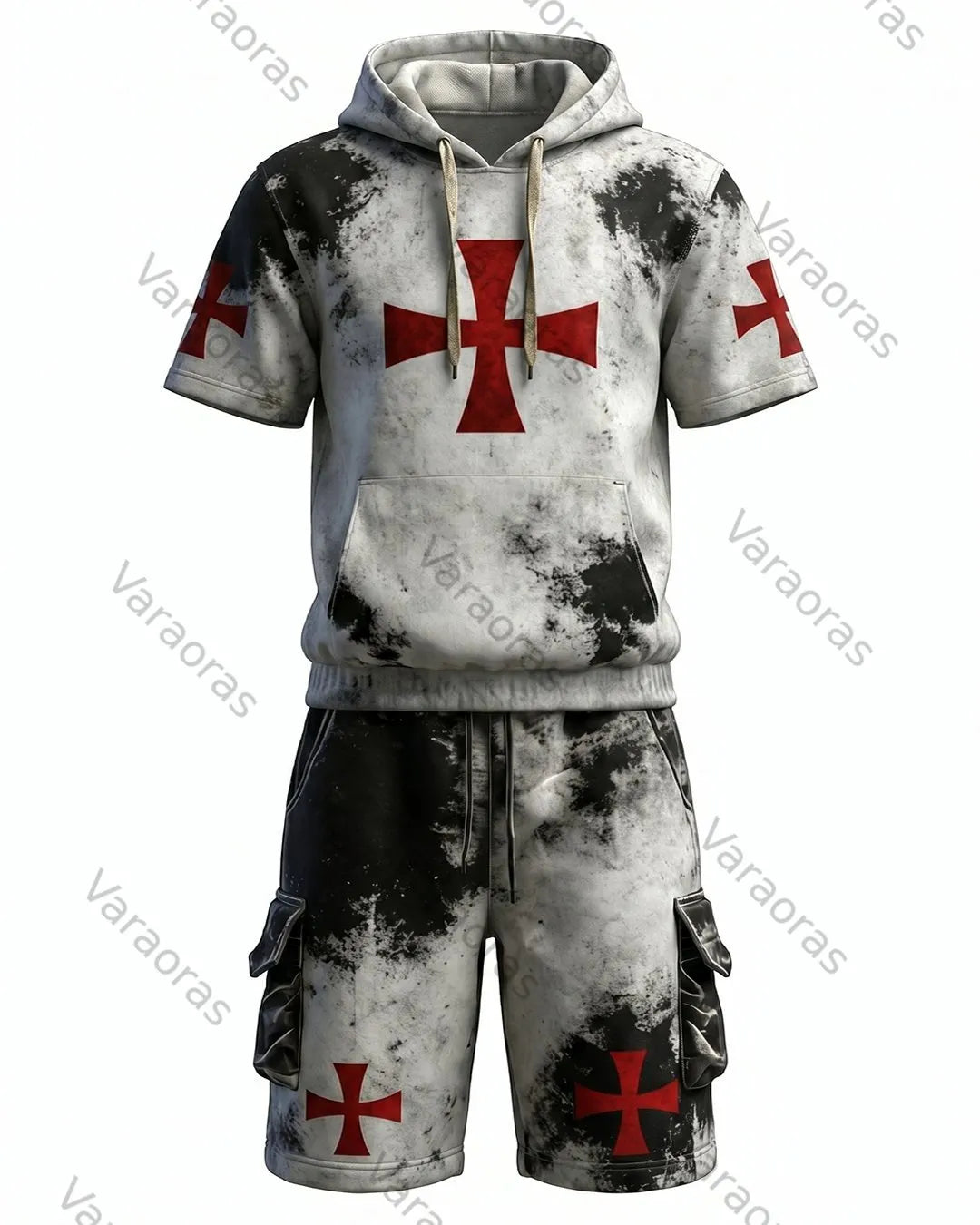 Men's Viking Contrast Color Cross Embroidered Short-Sleeve Hoodie & Shorts Two-Piece Set 7152