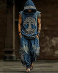 Men's Viking Color-Block Linen Sleeveless Hooded Top and Pants Two-Piece Set 2295