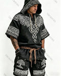 Men's Summer Viking Embroidered Hooded Top & Shorts Two-Piece Set 6653