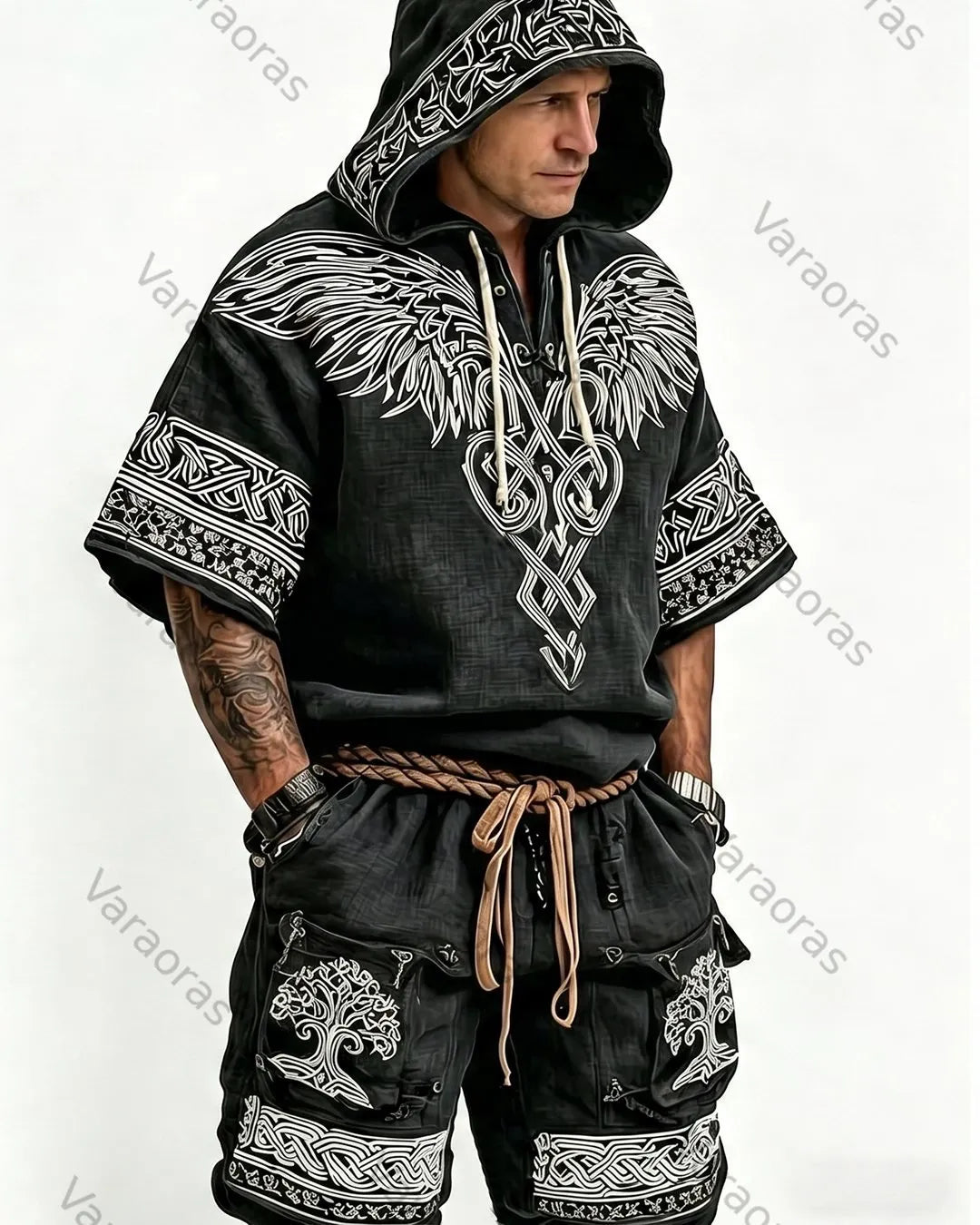Men's Summer Viking Embroidered Hooded Top & Shorts Two-Piece Set 6653