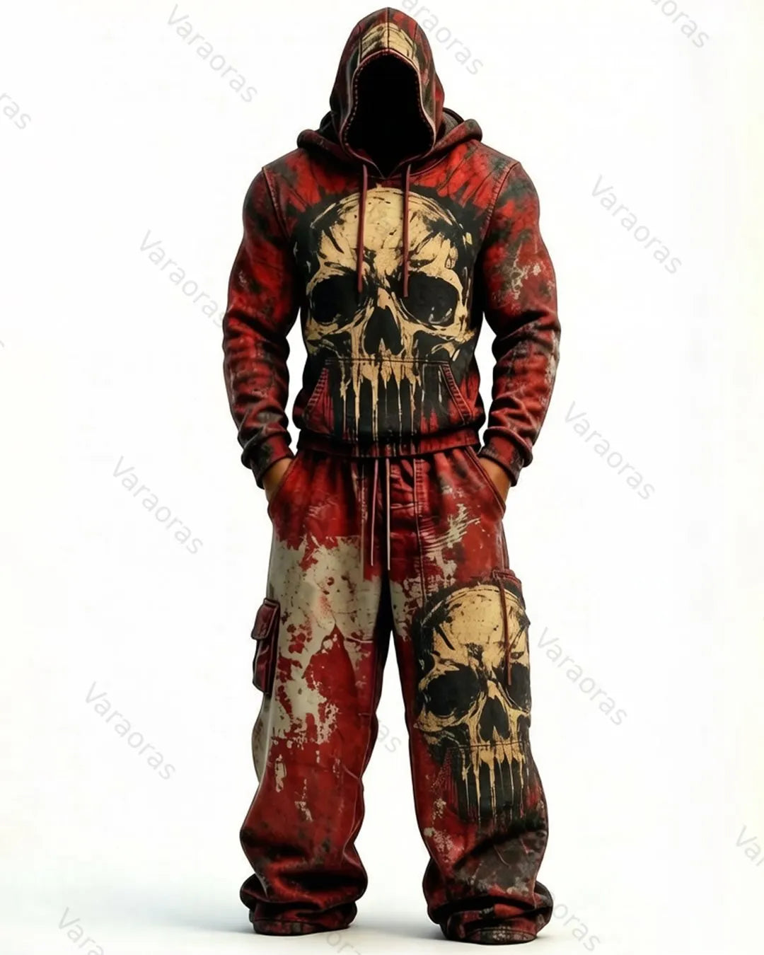 Men's Fashion Skull Contrast Color Embroidered Hoodie & Pants Two-Piece Set 3683