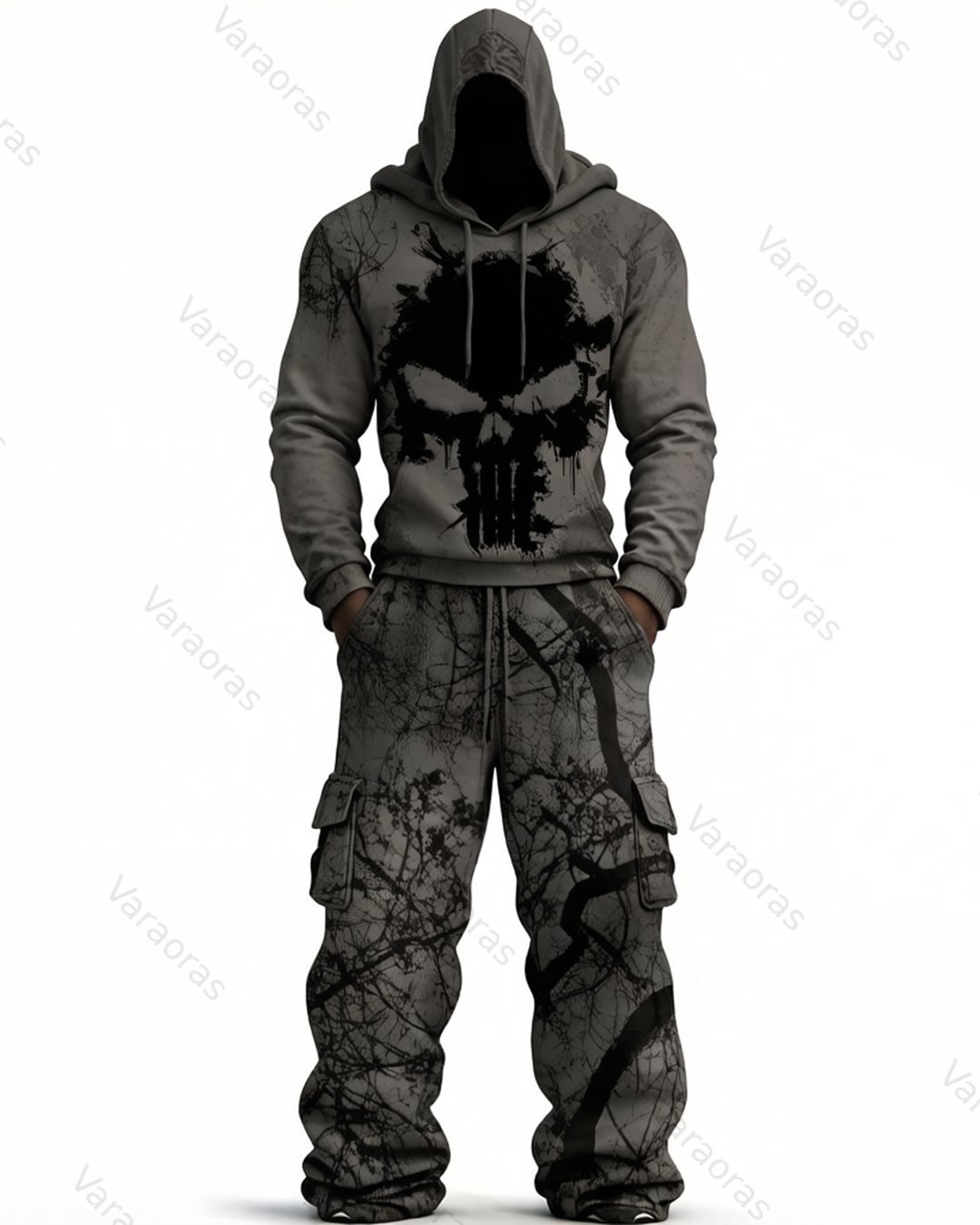 Men's Color-Block Skull-Embroidered Hoodie & Pants Two-Piece Set 3411