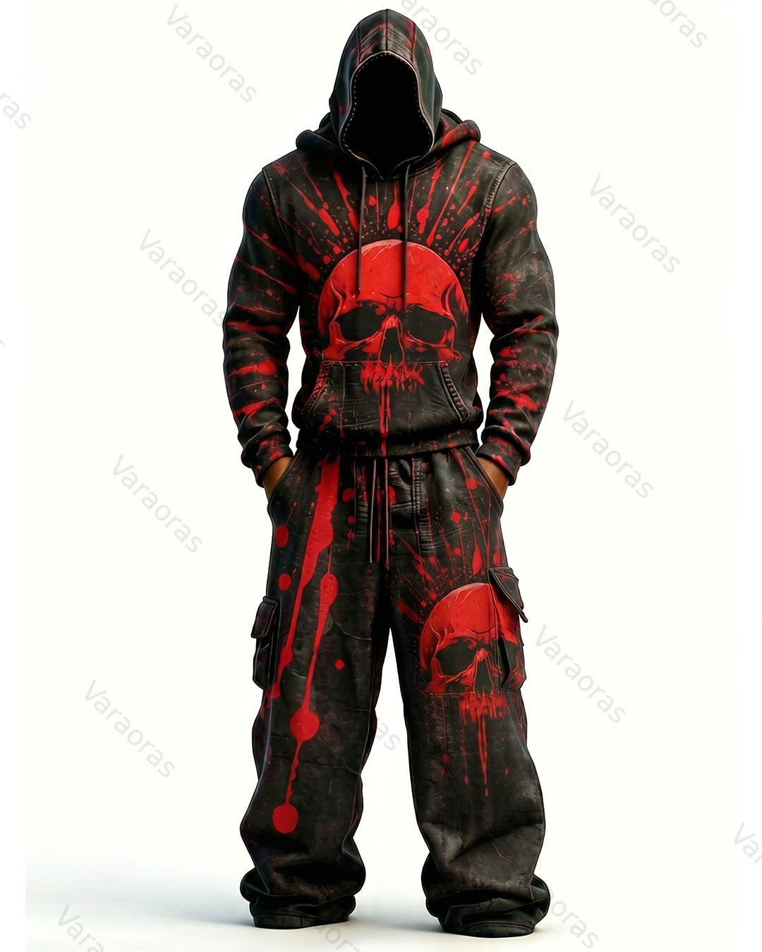 Men's Fashion Skull Contrast Color Embroidered Hoodie & Pants Two-Piece Set 6083