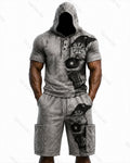 Men's Viking Color-Block Embroidered Hooded Short-Sleeved Top and Shorts Set 1764