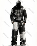 Men's Fashion Viking Contrast Color Embroidered Hoodie & Pants Two-Piece Set 7314
