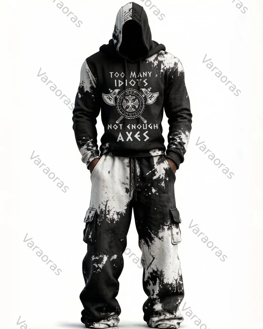 Men's Fashion Viking Contrast Color Embroidered Hoodie & Pants Two-Piece Set 7314