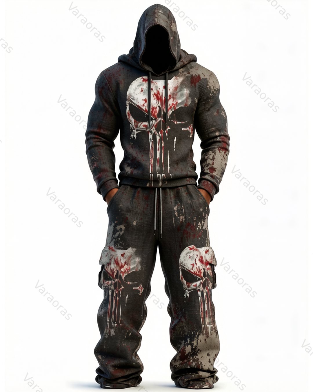 Men's Fashion Skull Contrast Color Embroidered Hoodie & Pants Two-Piece Set 8310