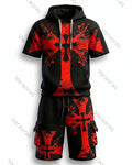Men's Viking Contrast Color Cross Embroidered Short-Sleeve Hoodie & Shorts Two-Piece Set 2918