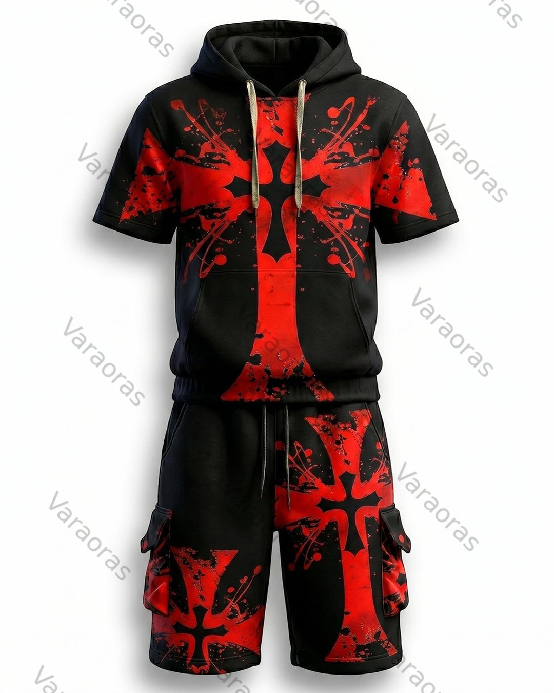 Men's Viking Contrast Color Cross Embroidered Short-Sleeve Hoodie & Shorts Two-Piece Set 2918