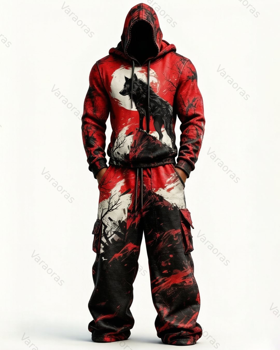 Men's Fashion Viking Contrast Color Embroidered Hoodie & Pants Two-Piece Set 9175