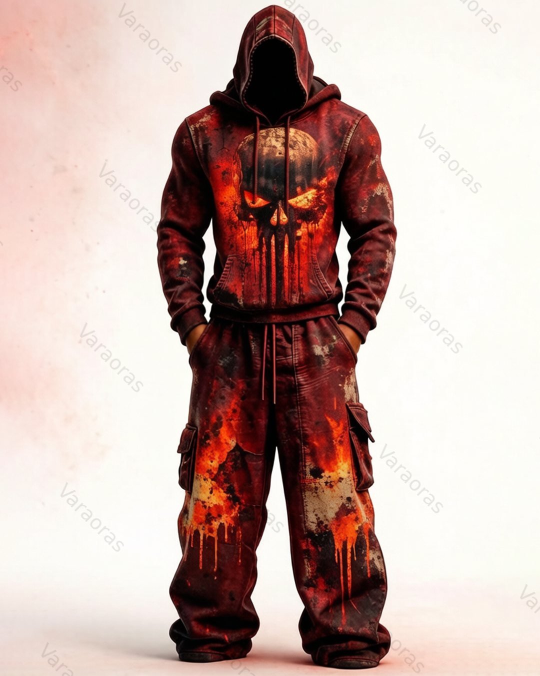 Men's Fashion Skull Contrast Color Embroidered Hoodie & Pants Two-Piece Set 3896