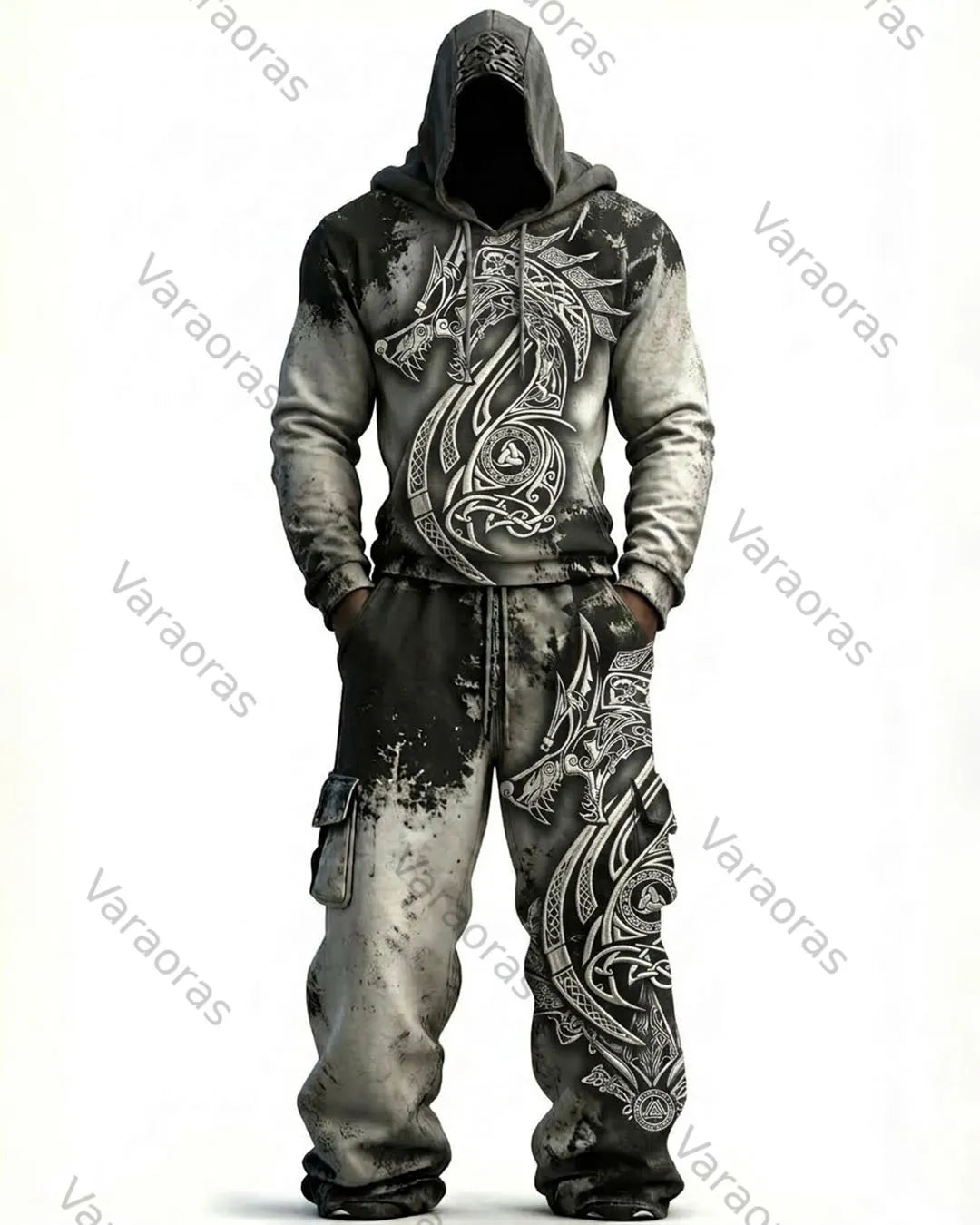 Men's Fashion Viking Contrast Color Embroidered Hoodie & Pants Two-Piece Set 3080
