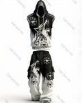 Men's Viking-Style Color-Block Embroidered Hooded Sleeveless Top and Pants Two-Piece Set 2805