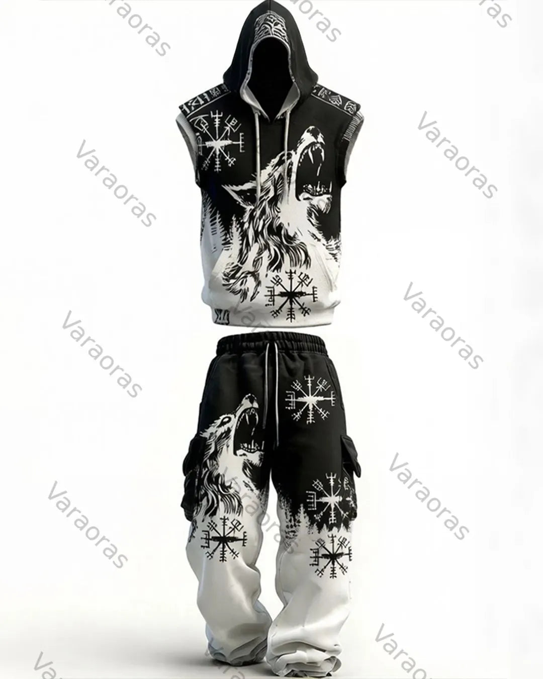 Men's Viking-Style Color-Block Embroidered Hooded Sleeveless Top and Pants Two-Piece Set 2805