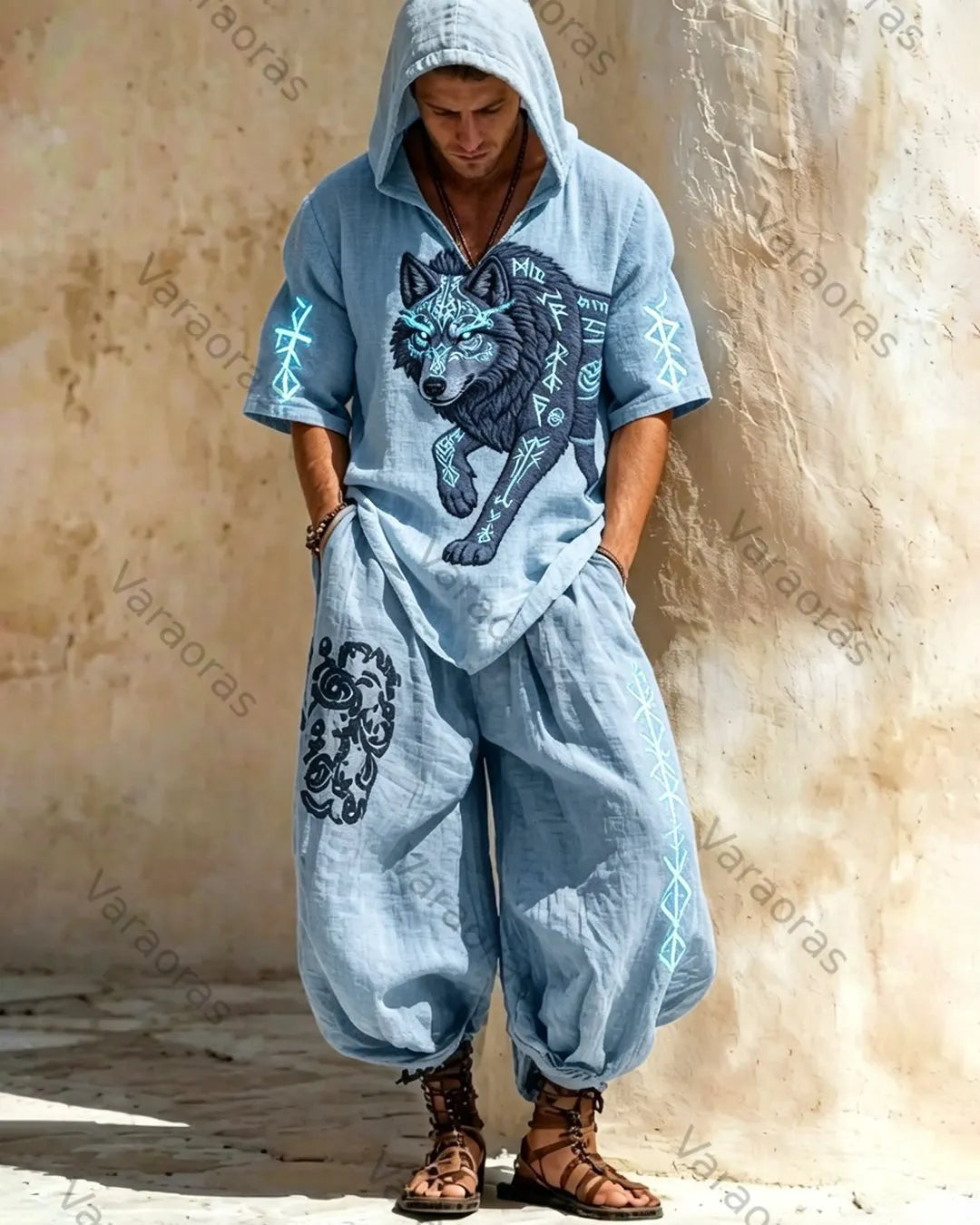 Men's Viking Color-Blocked Embroidered Top & Pants Two-piece Set 3035